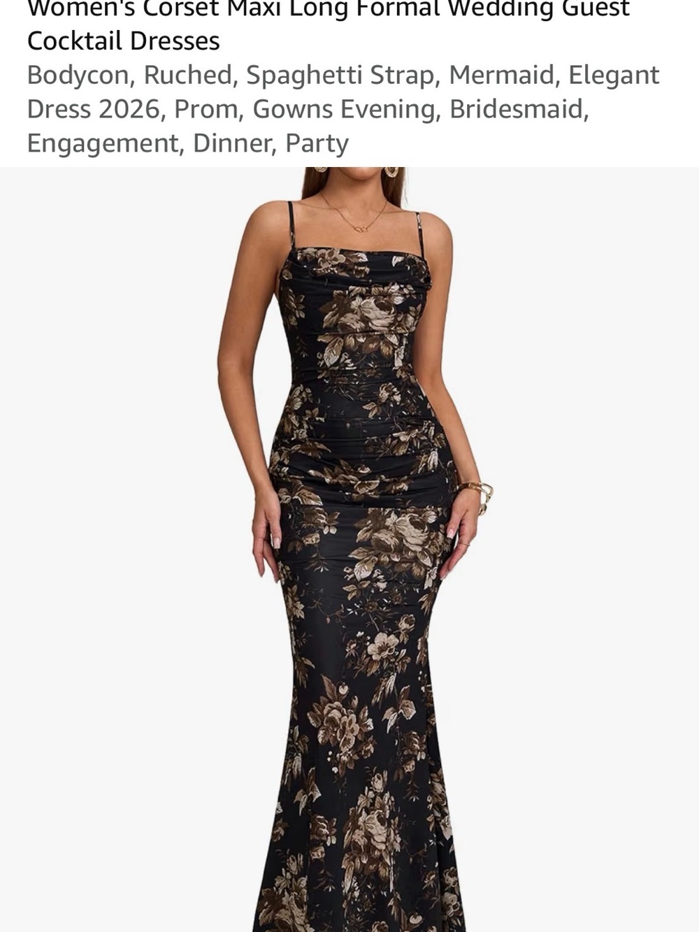 Floral Rouched Maxi Dress - Black, brown and cream